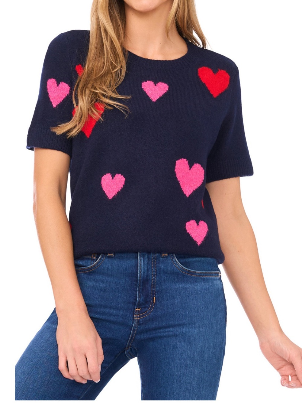 NWT Cece Women’s Crewneck Heart print Short Sleeve Sweater, Large